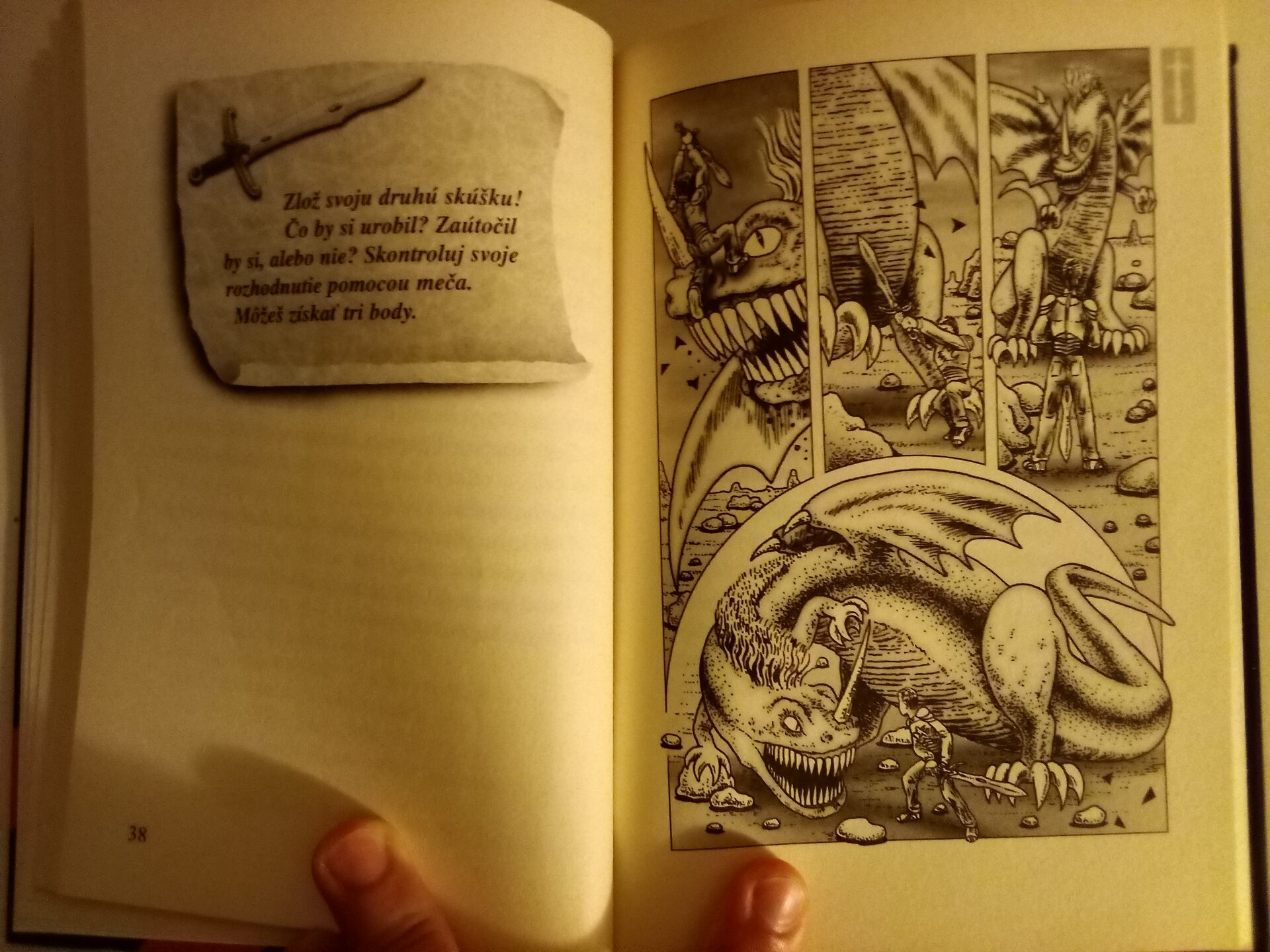 Boy fighting a dragon. Readers can place the book's sword prop on the image to answer a question and earn points 