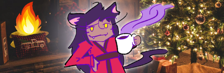 Taipha the catgirl, wearing a robe and holding a steaming mug, welcomes you with a smirk to a real-world Christmas hearth, complete with an out-of-place cartoon fire.