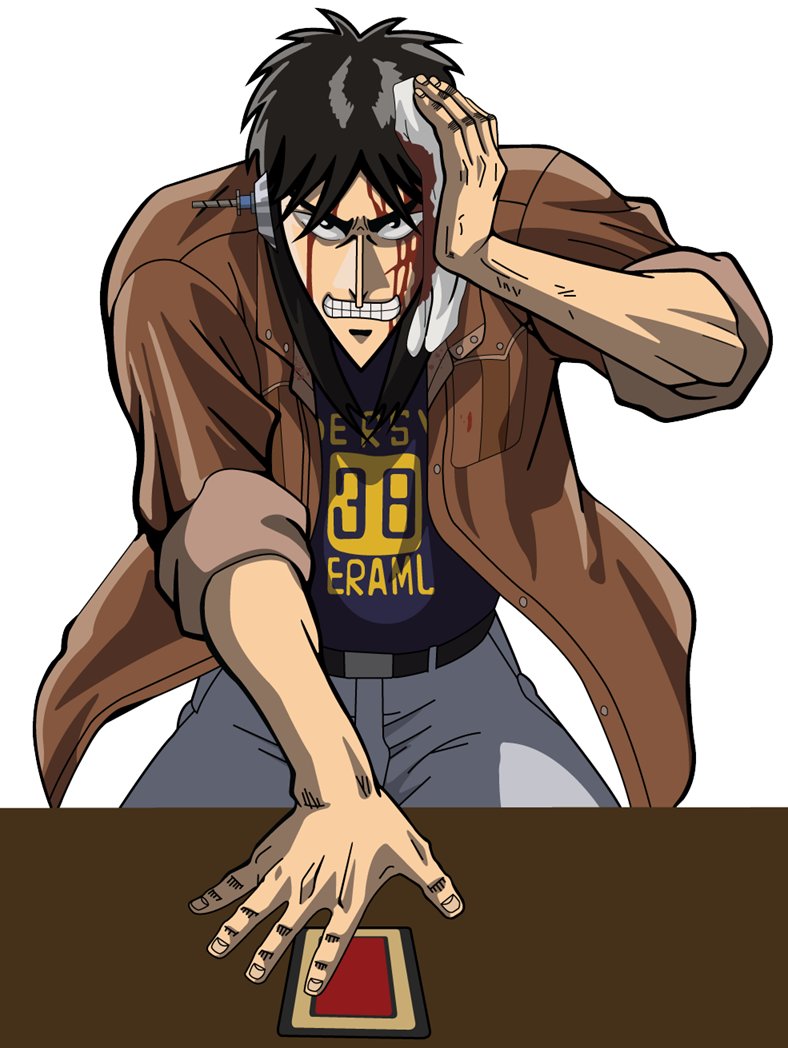 Kaiji with a head wound looking intense as he plays cards