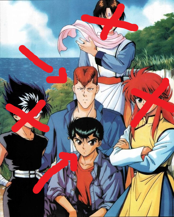 YuYu Hakusho characters. Hiei, Kurama and the baby guy's faces are crossed out; arrows point to Yusuke and Kuwabara