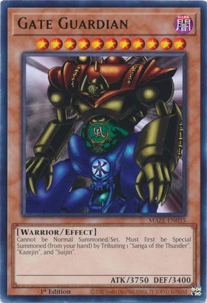 Yu-Gi-Oh card art: Gate Guardian. The upper body, midsection and lower body each have different colors.